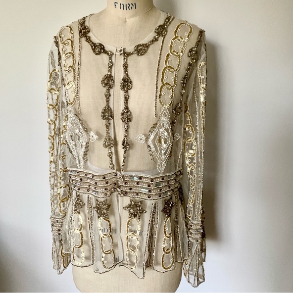 Net Cream Rhinestone Sequin Bead Jacket Medieval Style - Picture 2 of 13